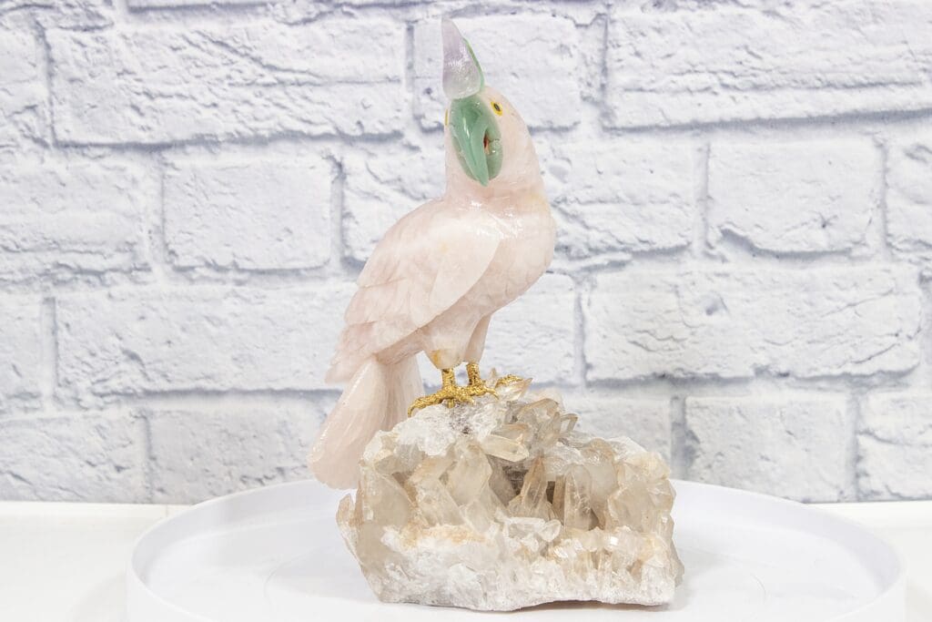 Hand Carved Rose Quartz Tropical Parrot on Crystal Cluster Base