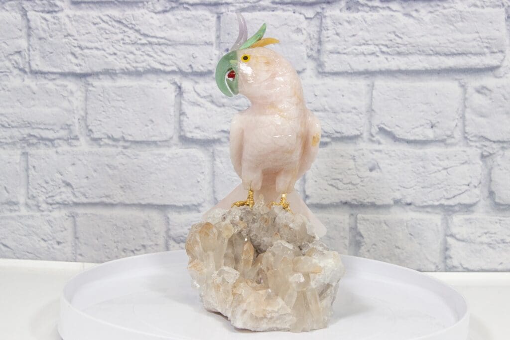 Hand Carved Rose Quartz Tropical Parrot on Crystal Cluster Base